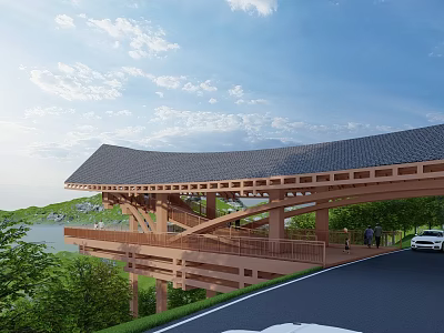 Modern Wooden Road Facility with Curved Roof Pedestrians and Green Landscape 3d model