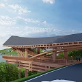 Modern Wooden Road Facility with Curved Roof Pedestrians and Green Landscape