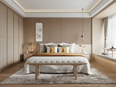 Modern Bedroom Interior Design With Wooden Slat Wall Platform Bed Nightstands And Area Rug 3d model