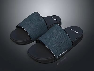 Comfortable Open Toe Denim Slippers With Black Sole And White Stitching 3d model