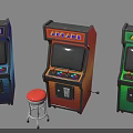 Colorful Vintage Arcade Game Machines In Blue Red Green With Red Stool