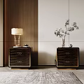 Modern Dark Wooden Nightstands with Gold Accents Drawers Table Lamp Green Plant by Modern Wall