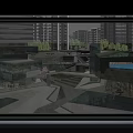 Tall Modern Buildings Surrounding Commercial Street With Plaza Water Pool And Outdoor Seating Greenery