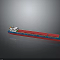 Cargo Water Vessel With Blue Red Hull And Long Red Cargo Transport Deck