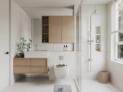 Modern Minimalist Bathroom Interior Design With Wooden Vanity Mirror Toilet Shower Area And Plant 3d model
