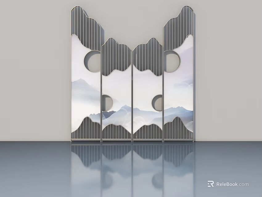 Modern Decorative Hinged Door With Geometric Patterns And Mountain Landscape Design 3d model