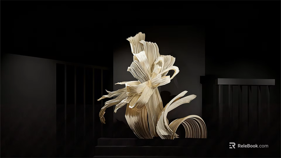 Abstract Wooden Sculpture With Dynamic Curved Design In Modern Art Gallery 3d model 