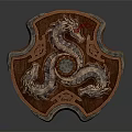 Intricate Dragon Pattern Shield Shaped Decorative Ornament With Metallic Finish And Central Gemstone