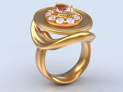 Elegant Gold Ring With Twisted Design Featuring Central Orange Gemstone And Surrounding Small White Stones 3d model