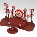 Traditional Chinese Stage With Red Decor Round Drum Dragon Phoenix Patterns And Lanterns