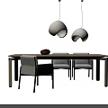 Modern Dining Table Set With Chairs Pendant Lights And Fruit Bowl Decoration