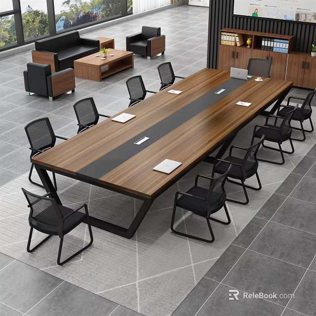 Modern Large Conference Table With Wooden Top Black Frame And Black Chairs In Office Space 3d model 