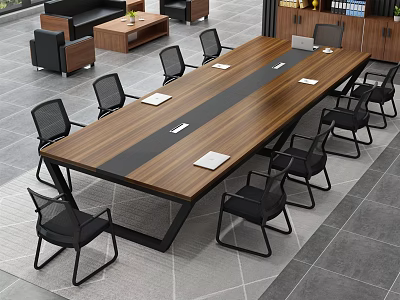 Modern Large Conference Table With Wooden Top Black Frame And Black Chairs In Office Space 3d model