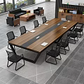 Modern Large Conference Table With Wooden Top Black Frame And Black Chairs In Office Space