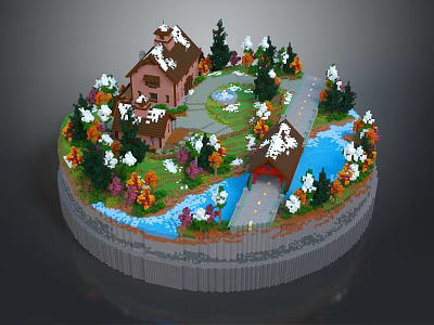Scenic Natural Scene With Snow Covered House Colorful Trees Pathway And Small Bridge Over Stream 3d model
