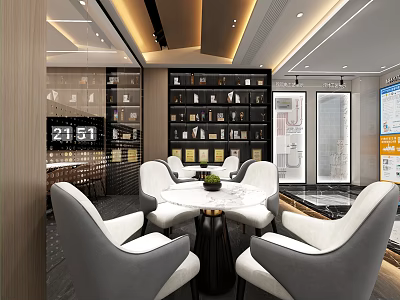 Modern Lounge Area Interior Design With Round Table Chairs Bookshelves And Decorative Lighting 3d model
