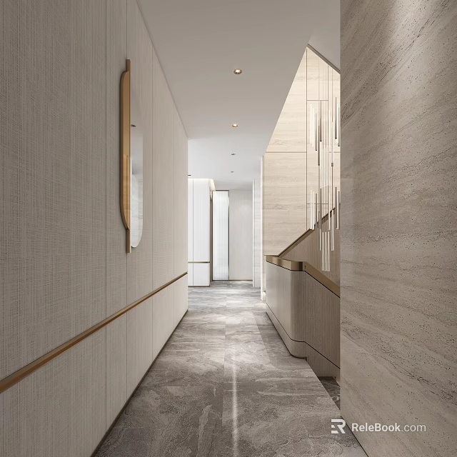 Elegant Modern Elevator Hallway Interior Design With Marble Floor Wooden Trim And Recessed Lighting 3d model 