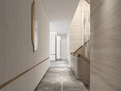 Elegant Modern Elevator Hallway Interior Design With Marble Floor Wooden Trim And Recessed Lighting 3d model