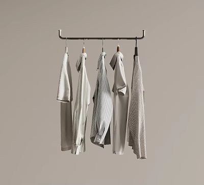 Light Colored Clothes Hanging On Metal Hanger Against Light Gray Background 3d model