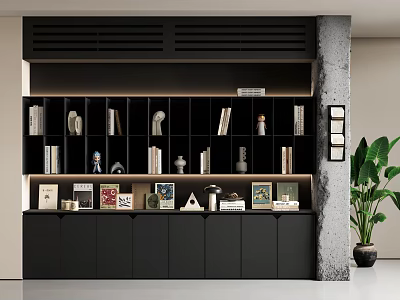 Modern Black Bookcase With Open Shelves Books And Decorative Items 3d model