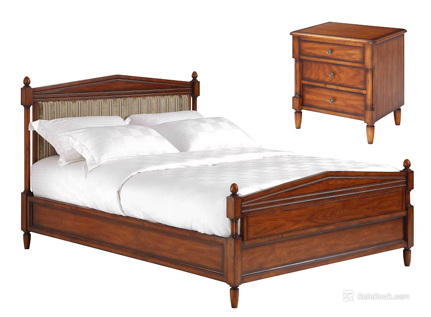 Classic Solid Wood Double Bed With Carved Headboard White Mattress And Wooden Nightstand 3d model 