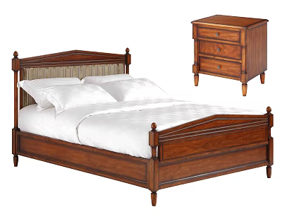 Classic Solid Wood Double Bed With Carved Headboard White Mattress And Wooden Nightstand 3d model