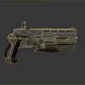 Futuristic Sci Fi Gun with Shiny Metallic Body and Red Wooden Grip Design