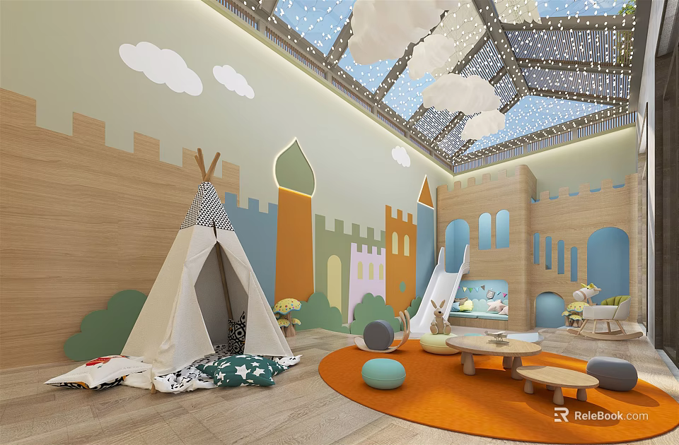 Colorful Kids Playroom Interior With Teepee Tent Slide Castle Murals Cloud Ceiling And Orange Rug 3d model 