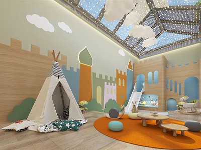 Colorful Kids Playroom Interior With Teepee Tent Slide Castle Murals Cloud Ceiling And Orange Rug 3d model