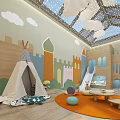 Colorful Kids Playroom Interior With Teepee Tent Slide Castle Murals Cloud Ceiling And Orange Rug