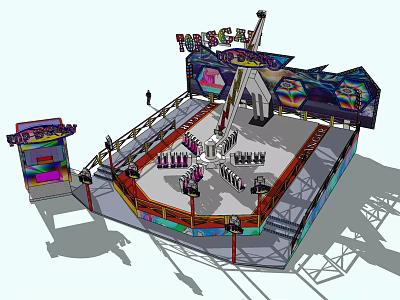 Thrilling Spinning Amusement Ride With Seats Steps Safety Fencing And Colorful Decorative Top 3d model