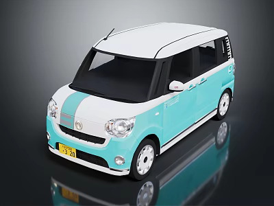 Cute Blue And White Compact Car Exterior With Round Headlights And Yellow License Plate 3d model