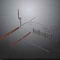 Industrial Metal Equipment Set With Red Railings Support Poles And Wires