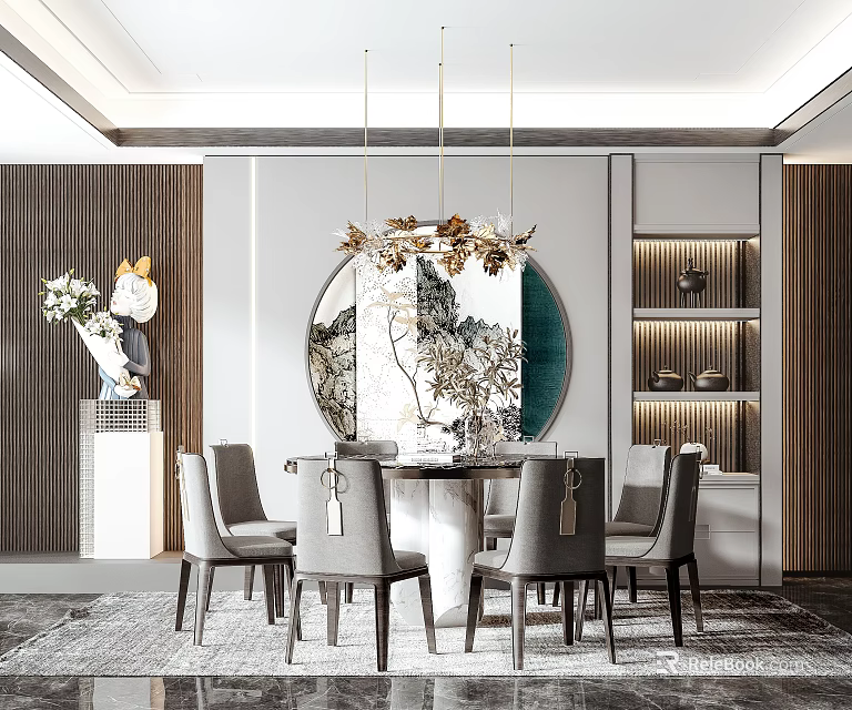 Elegant Dining Room With Golden Chandelier Circular Painting Gray Chairs And Wooden Accent Wall 3d model 