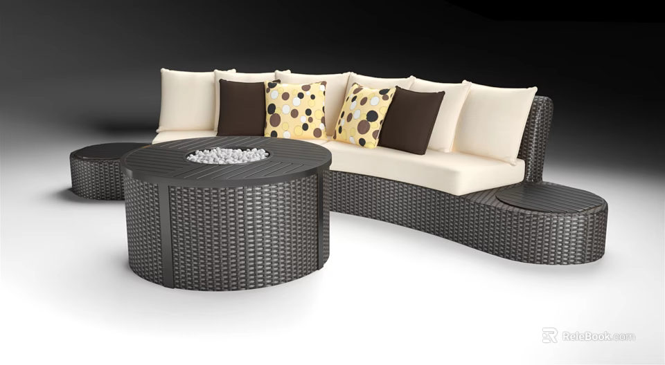 Dark Wicker Outdoor Sofa With Light Cushions Round Coffee Table And Patterned Pillows 3d model