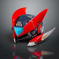 Futuristic Mechanical Robot Head Featuring Red Wing Structures Blue Visor And Metallic Design 3d model