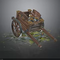 Vintage Wooden Cart with Spoked Wheels and Pottery Jars on Mossy Ground