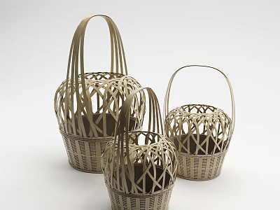 Three Light Brown Wicker Baskets With Handles And Openwork Design For Home Use 3d model