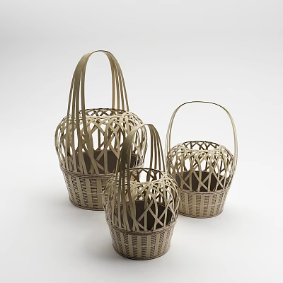 Three Light Brown Wicker Baskets With Handles And Openwork Design For Home Use 3d model