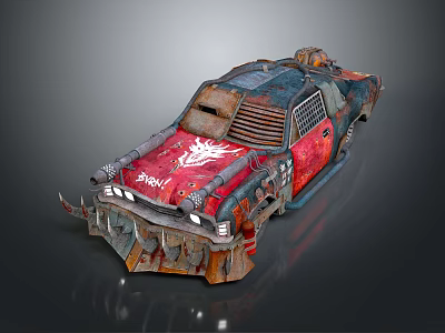 Post Apocalyptic Armored Vehicle With Spiked Front And Red Blue Rusty Design 3d model