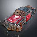 Post Apocalyptic Armored Vehicle With Spiked Front And Red Blue Rusty Design