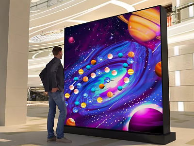 Commercial Digital Display Screen With Space Planets Design In Mall Setting For Viewing 3d model