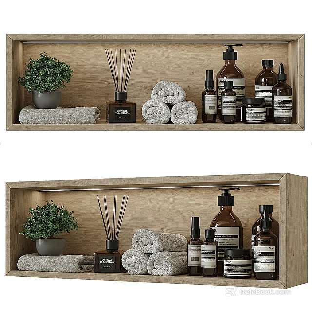 Organic Laundry And Daily Essentials With Rolled Towels Diffusers And Bottles On Wooden Shelf 3d model 