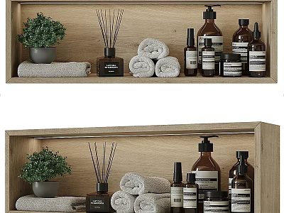 Organic Laundry And Daily Essentials With Rolled Towels Diffusers And Bottles On Wooden Shelf 3d model