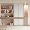 Modern Bookcase with Layered Shelves Books Decorative Items Warm Lighting and White Wooden Tones