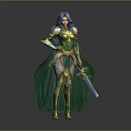 Blue haired woman in green and gold armor with cloak holding sword against gray background