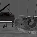 Elegant Music Instrument Display With Black Piano Drum Set Electric Guitar And Wooden Floor