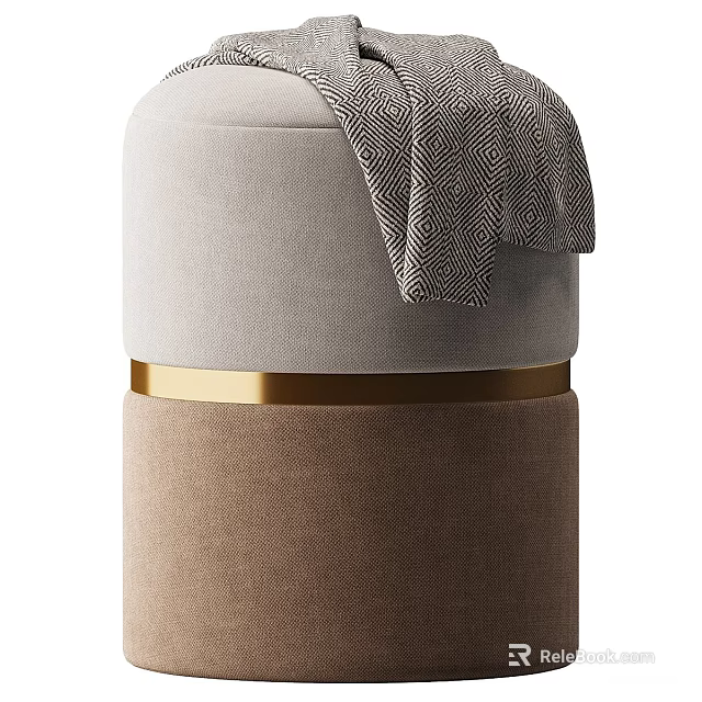 Modern Upholstered Sofa Stool With Light Gray Top Brown Base And Patterned Blanket 3d model 