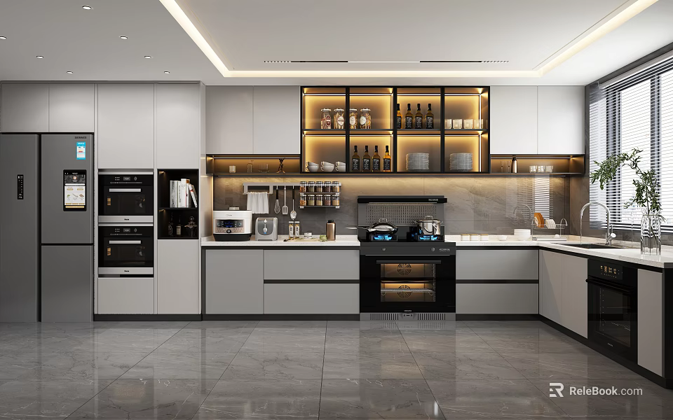Modern Kitchen Interior With Gray Cabinets Black Stove Glass Door Cabinets And Appliances 3d model 