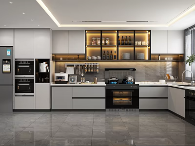 Modern Kitchen Interior With Gray Cabinets Black Stove Glass Door Cabinets And Appliances 3d model